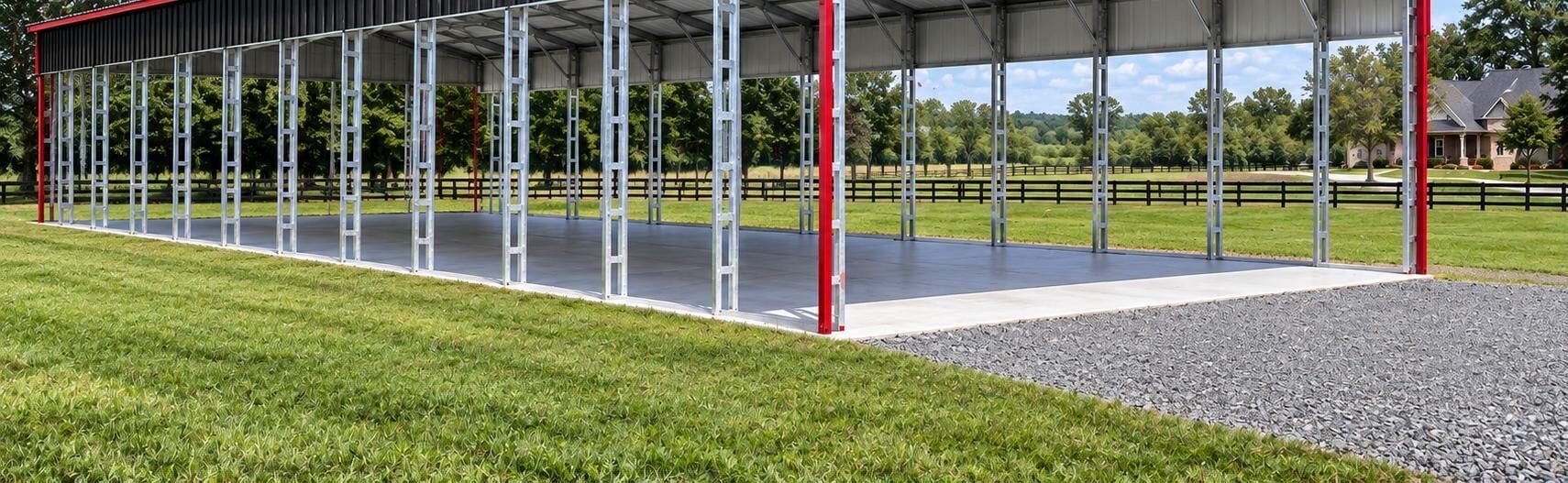 Long open steel carport with galvanized framing