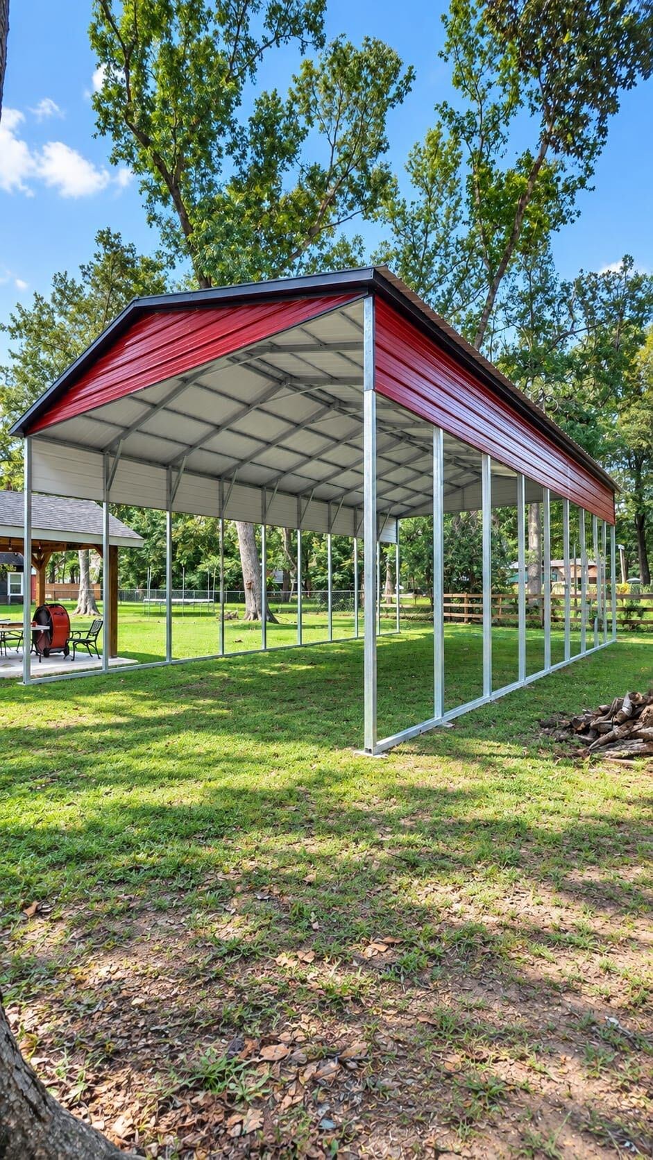 Red-roof steel carport on galvanized tube posts