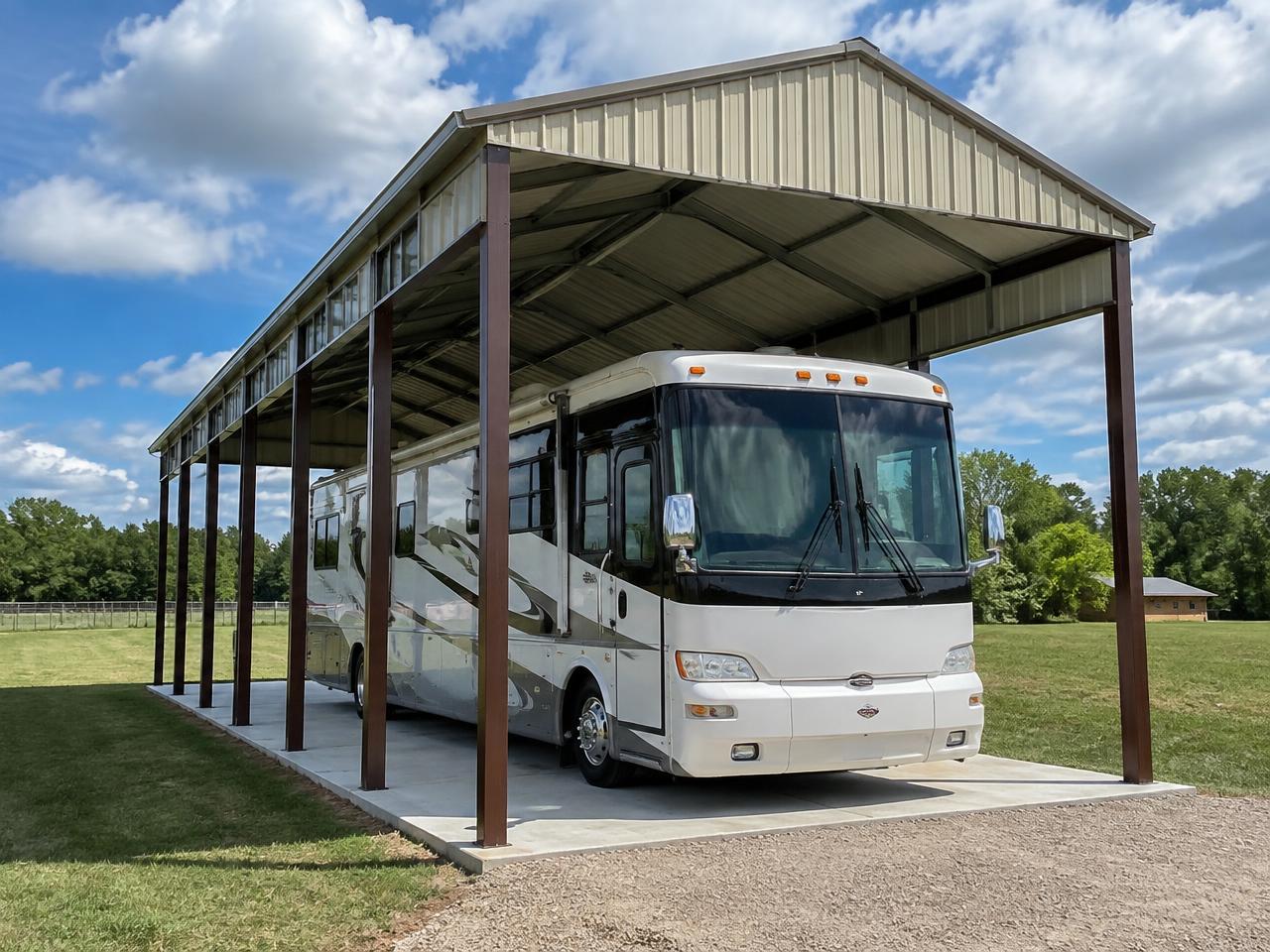 Tall-clearance RV cover over a Class A motorhome